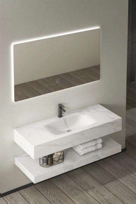 مغسلة حمّام عائمة رخامي أبيض مع رف سفلي